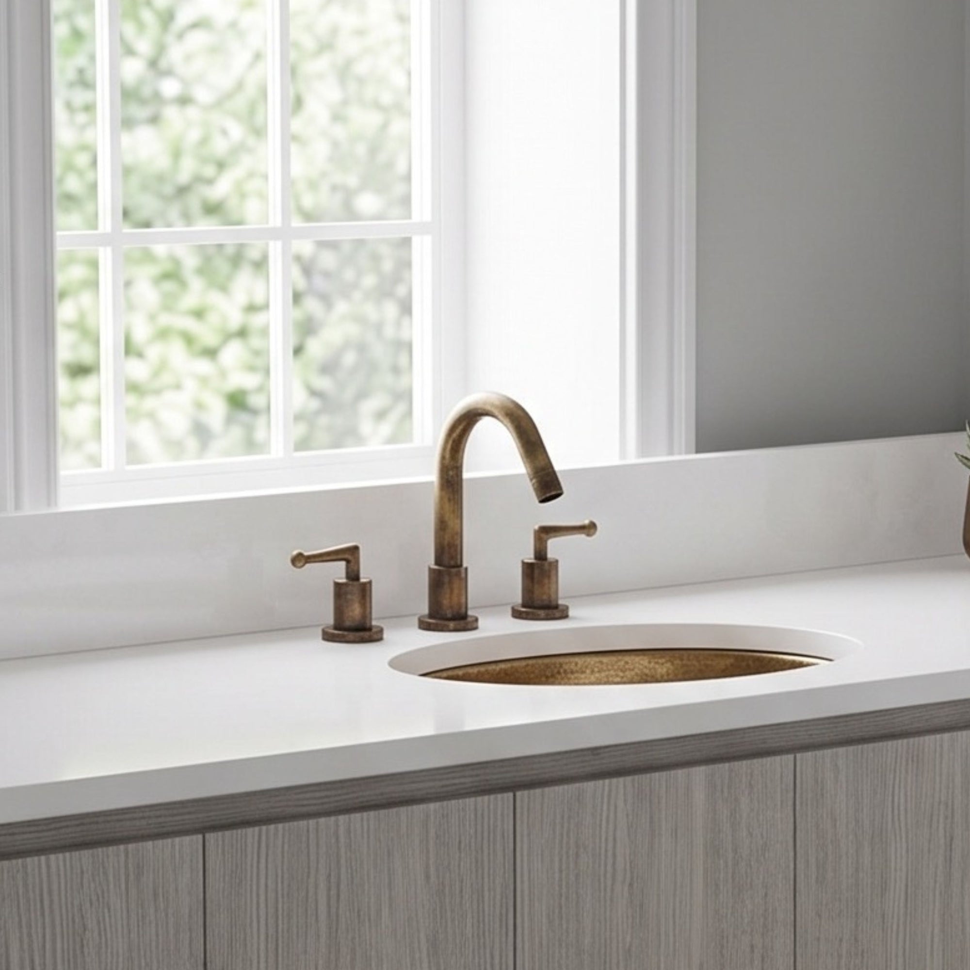An undermount bathroom sink with a curved brass faucet and matching handles, set into a white countertop with a light wood cabinet below and a window behind.